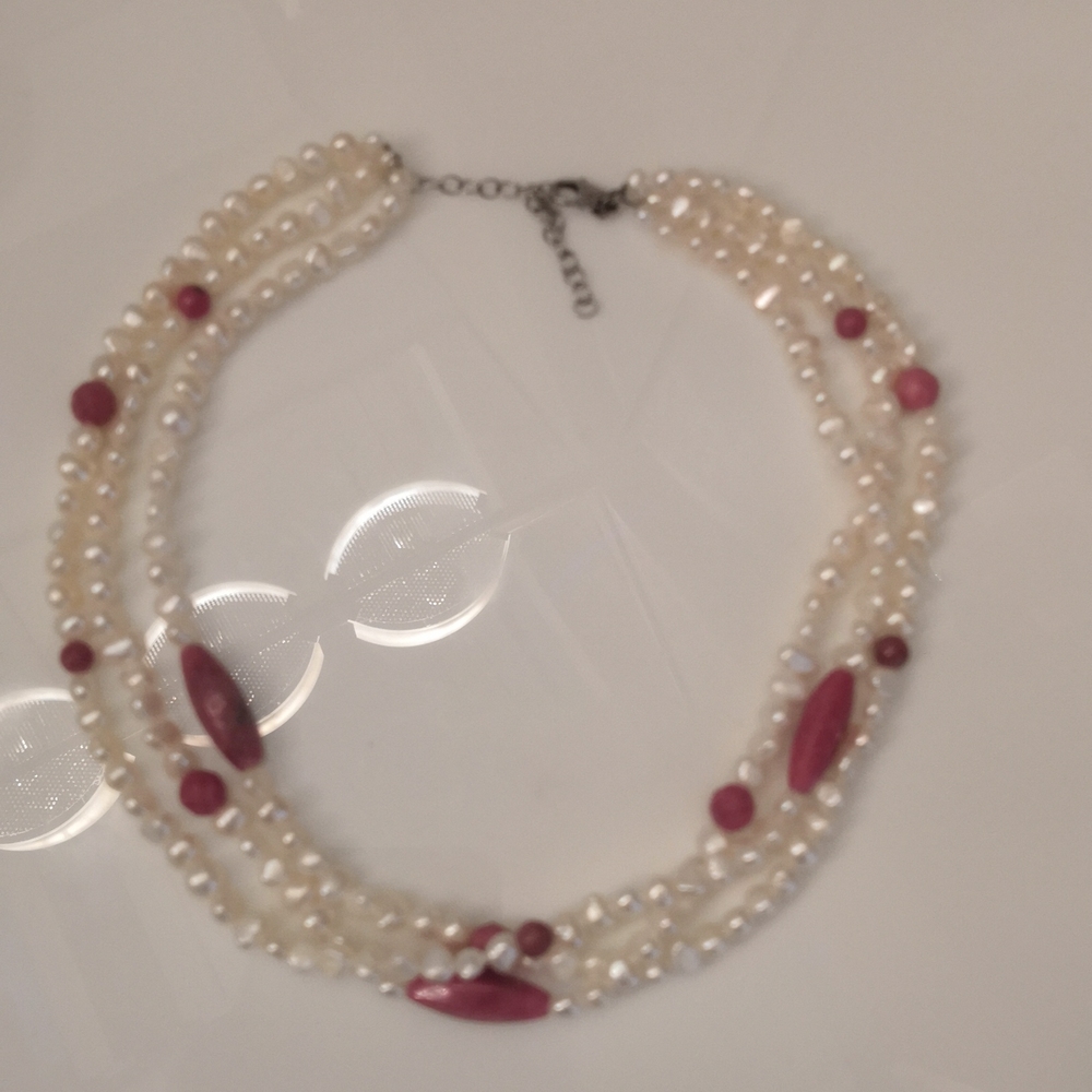 Freshwater Pearls with Rhodonite Beads, Vintage 3 strand, Silver clasp